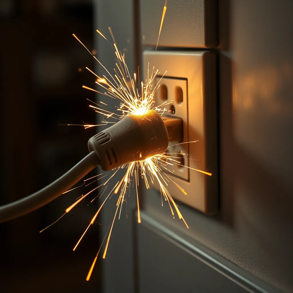 A dramatic image showing sparks flying from a frayed electrical cord plugged into an outlet. The cord is shown in detail, with smoke faintly visible around it. The setting is a home environment, emphasizing urgency and caution with a blurred background.