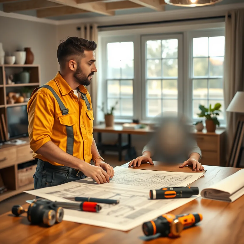 A friendly electrician speaking with a customer in a residential setting, discussing electrical plans with blueprints and tools on a table. The atmosphere should be warm and inviting, illustrating personalized service and customer engagement.