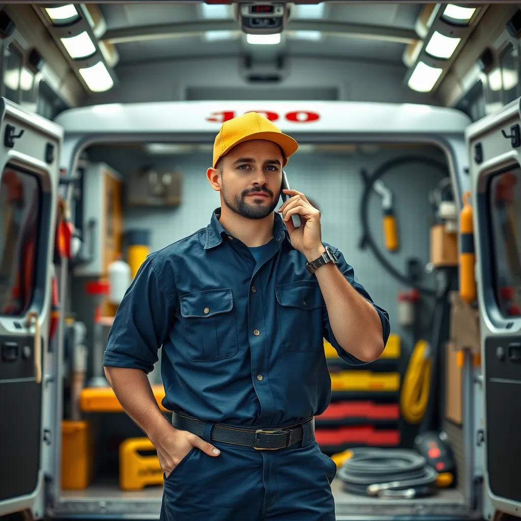 A professional electrician in a uniform swiftly responding to a phone call, standing in front of a well-stocked service truck. The background shows a timer in motion, symbolizing speed and urgency, with tools and equipment neatly arranged.