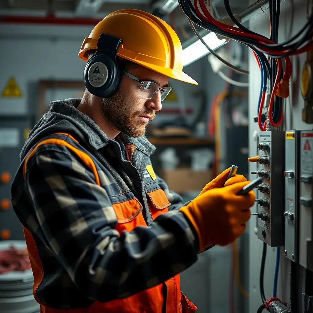 A safety-focused scene depicting an electrician wearing proper protective gear while working on electrical installations. Highlight tools like insulated screwdrivers, gloves, and a circuit breaker panel. The background shows a well-lit, organized workshop with safety signs.