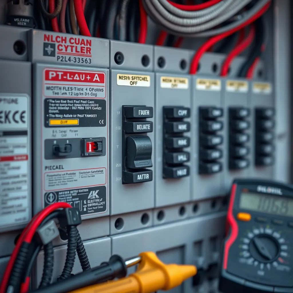 An image of an electrical breaker panel with one breaker switch in the OFF position. Tools like a screwdriver and a multimeter are nearby. The focus is on the panel, showing labels and a well-organized setting, suggesting proper electrical management.