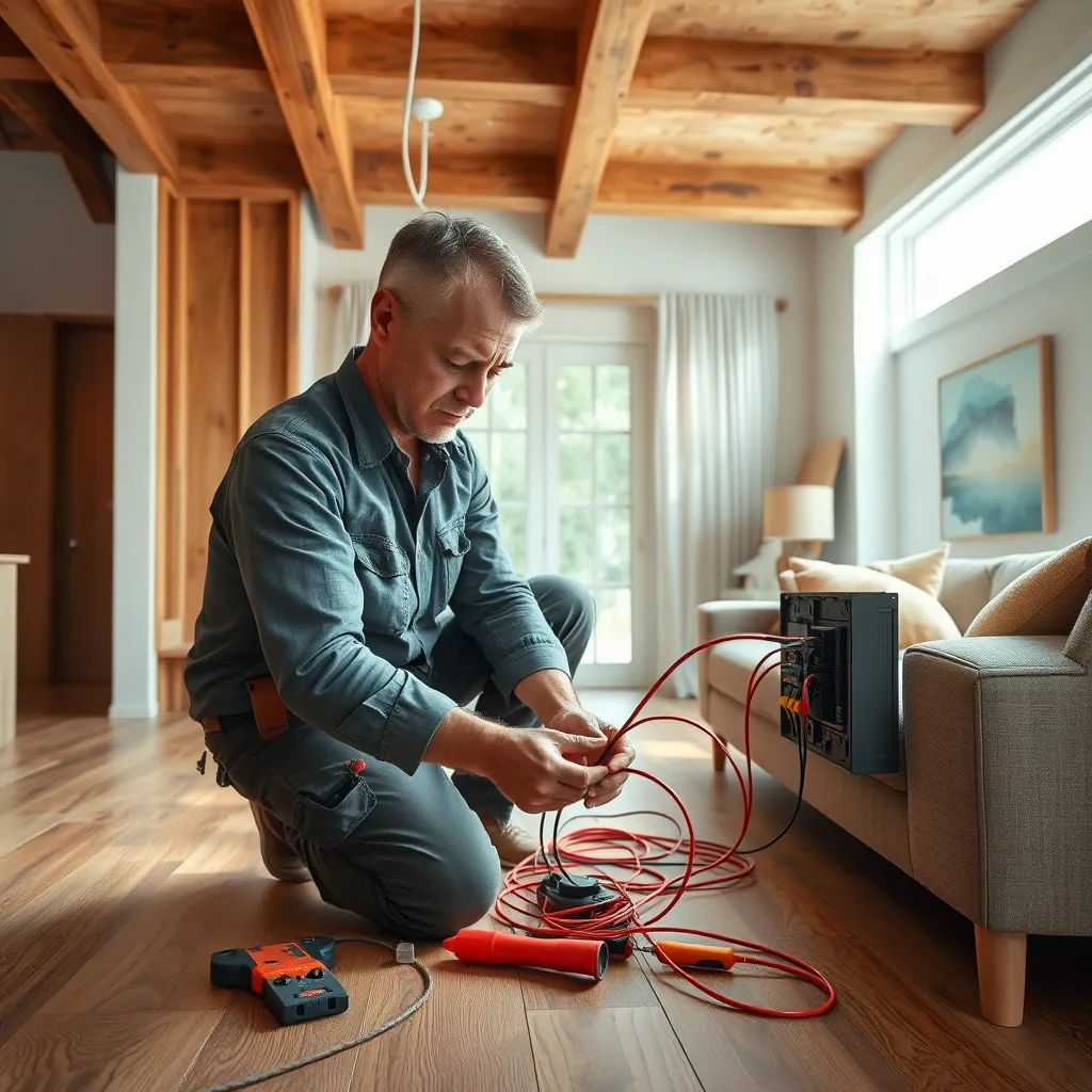 Create a photorealistic image of a professional electrician installing residential wiring in a beautifully designed living room. The scene captures the electrician, a middle-aged Caucasian male, focusing intently on connecting wires to a circuit breaker. Soft diffused lighting streams in through a large window, highlighting the warm tones of the wooden floors and walls. The color palette combines earthy browns with soft whites that evoke a cozy mood. Capture the camera angle from slightly above, showing the electrician at work with tools such as wire strippers and a voltage tester spread neatly around him. Add texture details like the shiny metal of the tools, the roughness of the exposed wooden beams, and the softness of the fabric on a nearby sofa. Include a partially completed wall with electrical outlets visible, adorned with stylish wall art in the background. The overall image should be ultra-detailed and hyperrealistic, rendered in 8K resolution.