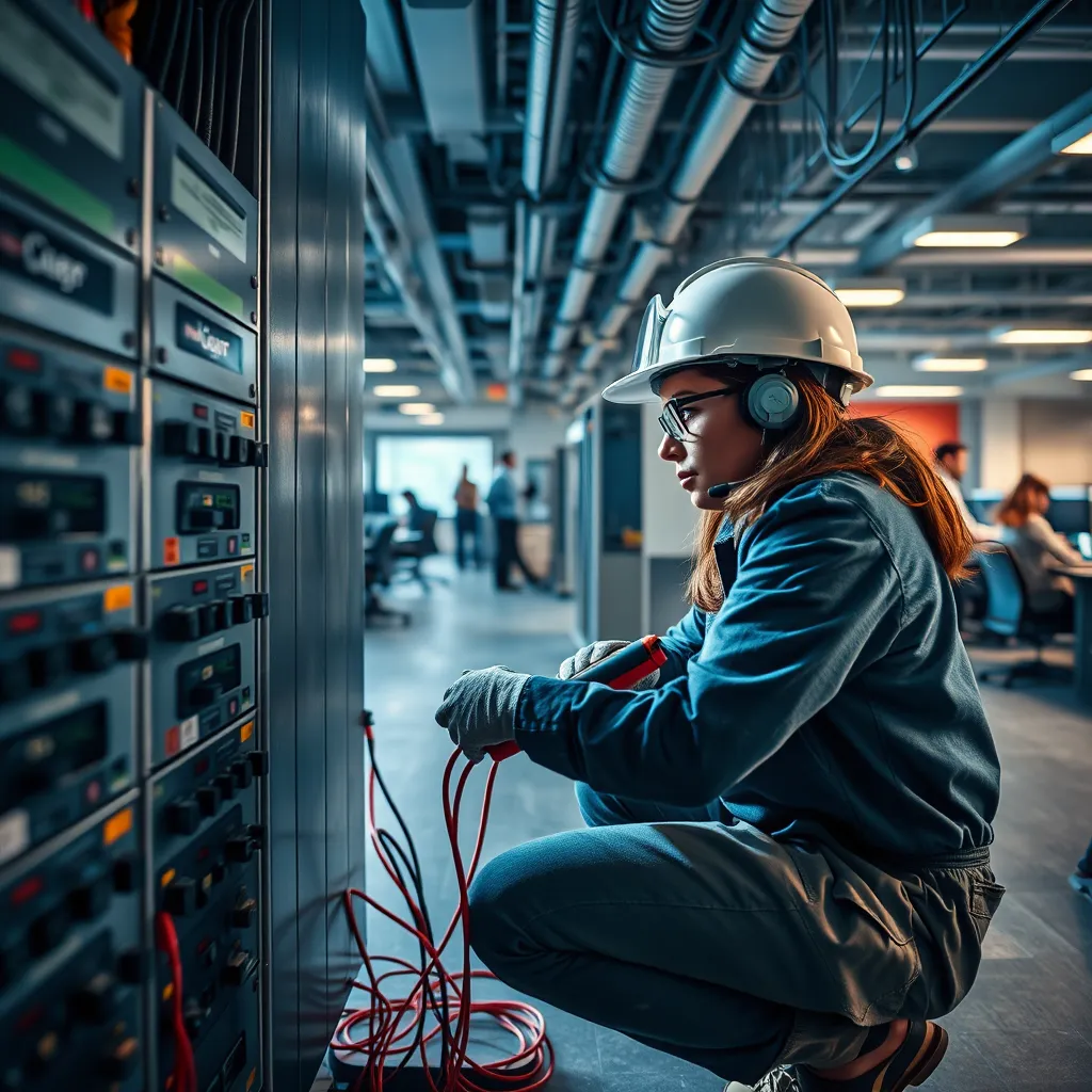 Generate a high-quality photo of an electrician repairing electrical systems in a bustling office environment. The composition should show the electrician, a Hispanic woman, crouched near a rack of circuit breakers, using a multimeter to troubleshoot issues. Dramatic side lighting enhances the metallic sheen of the breakers and tools while casting interesting shadows. The color palette features cool blues and grays, adding to a professional and industrious mood. The camera angle is low, focusing on the interaction between the electrician and the equipment, with her safety gear visible, including hard hat and gloves. The background should include busy office elements such as desks, computers, and coworkers engaged in discussions, creating an authentic commercial atmosphere. Aim for a high level of detail, showcasing the textures of wires, electronics, and office furnishings. The image should be hyperrealistic and rendered in ultra-high definition, specifically 8K resolution.