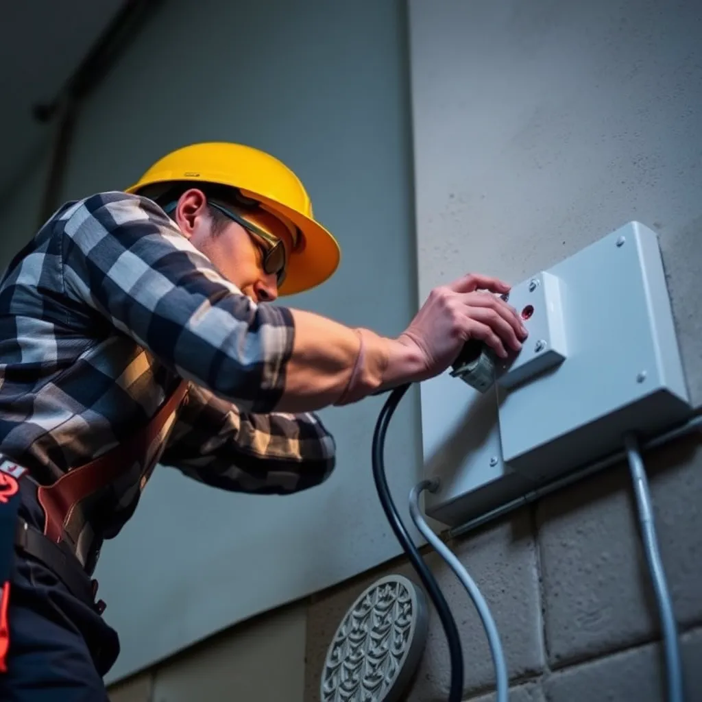 A safety-conscious electrician, wearing gloves and goggles, using insulated tools while working on an electrical panel. The background shows a power switch turned off, emphasizing safety. The setting is bright and organized, illustrating a professional workspace.