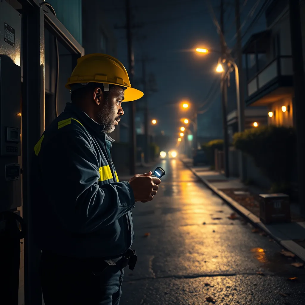 Illustrate a photorealistic scene of an emergency electrician responding to a power outage in an urban residential area during the night. The image focuses on an African American male electrician surveying a malfunctioning power panel with a flashlight, revealing intricate details in the darkened environment. The city street is illuminated by ambient streetlights, creating a mix of light and shadow, capturing the urgency of the situation. The color palette should be dark with vibrant yellow and white highlights from the flashlight and streetlights, establishing a mood of urgency and focus. The camera angle is slightly low, emphasizing the electrician’s concentration on the equipment. Include environmental elements like wet street pavement reflecting the light and scattered leaves, enhancing the realism. The image should convey urgency and professionalism, illustrated in ultra-detailed style and presented in 8K resolution for a lifelike quality.