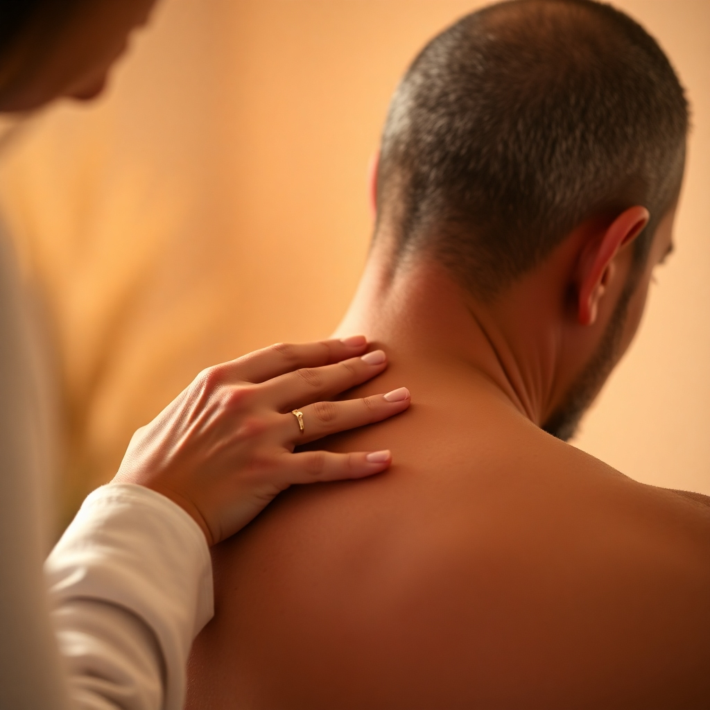 A close-up image of a therapist applying acupressure to a client's back. Focus on the therapist's precise touch and the client's relaxed expression. The lighting should be soft and warm, highlighting the therapeutic atmosphere. Use a shallow depth of field to draw attention to the pressure point.