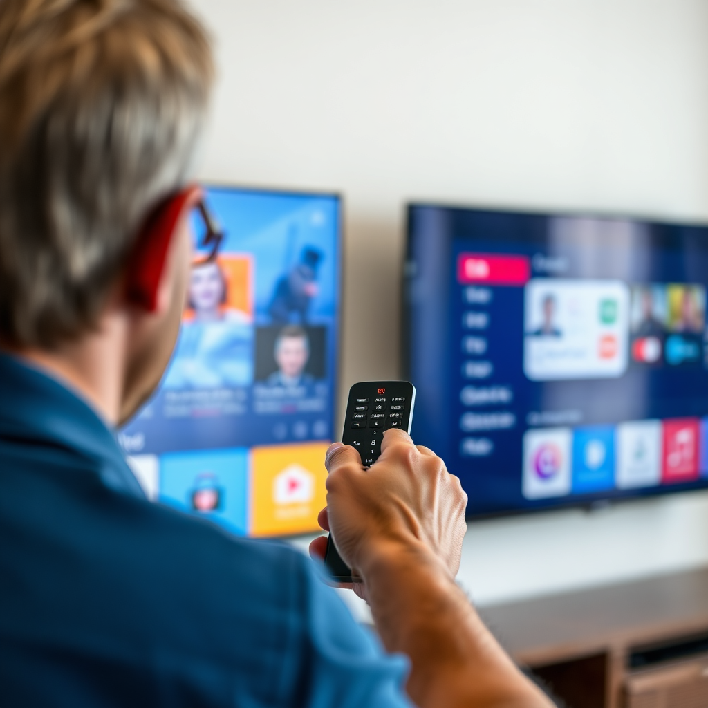 A close-up shot of a guest easily navigating through TV channels on a user-friendly interface with a remote in hand. Focus on the clarity of the screen and the simplicity of the interface. Lighting is bright and focused on the screen. Color palette: Blues, whites, and grays to convey ease of use. 4K resolution.