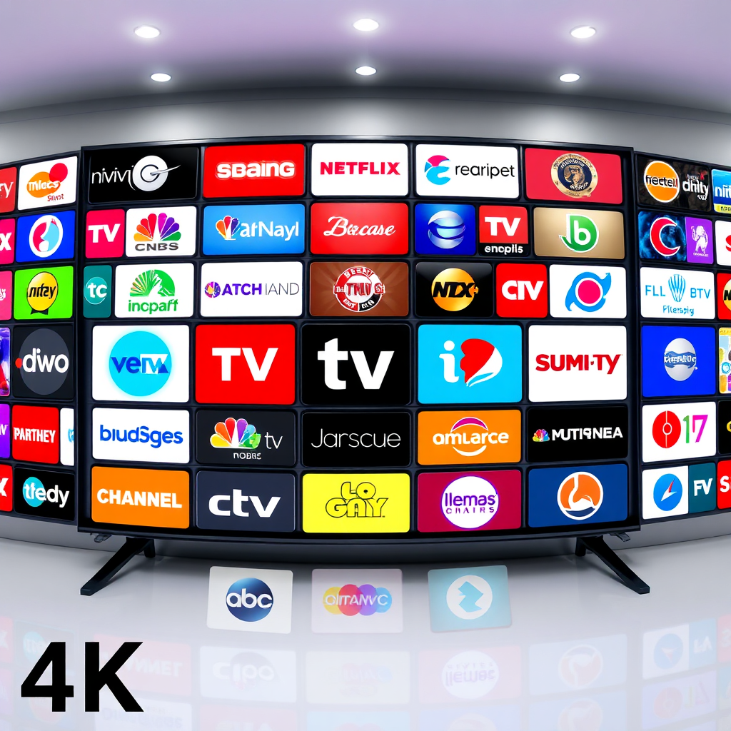 A collage of different TV channel logos arranged in an aesthetically pleasing manner. The lighting is bright and evenly distributed, and the color palette is vibrant and diverse. Focus on representing the breadth of content available. 4K resolution.