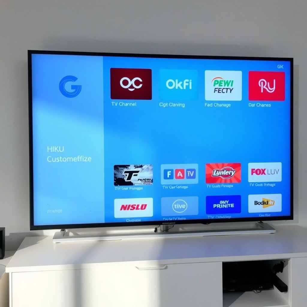A digital interface displaying various TV channel packages with customizable options. The layout is clean and user-friendly. The lighting is focused on the screen, and the color palette is modern and technical. Focus on conveying flexibility and control. 4K resolution.