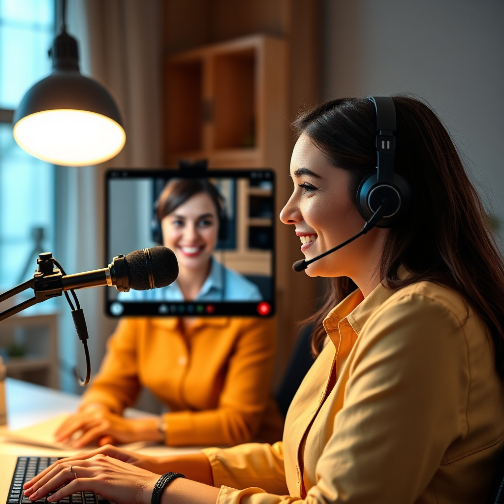A friendly and helpful support agent assisting a podcast host via video call. The lighting is warm and inviting, and the color palette is professional and approachable. Focus on conveying support and reliability. 4K resolution.