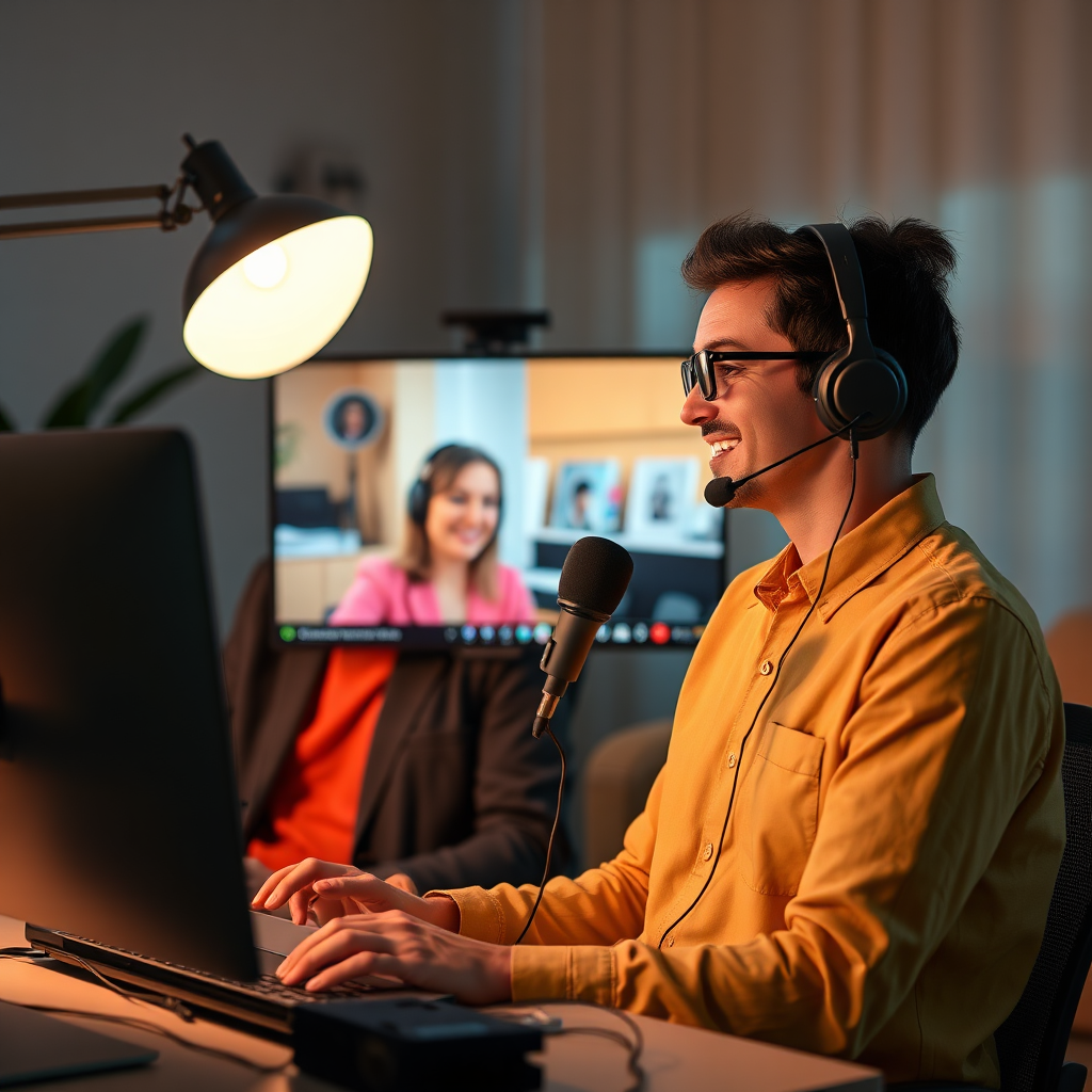 A friendly support agent assisting a podcast host with a technical issue via video call. Use a warm and helpful lighting scheme. 4k resolution.