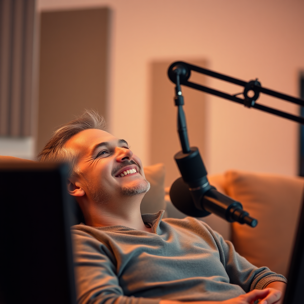 A guest smiling and relaxing in a podcast studio, comfortably watching TV. The lighting is warm and inviting, and the color palette is soft and pleasing. Include a microphone subtly in the background to indicate the podcast setting. Focus on conveying relaxation and enjoyment. 4K resolution.