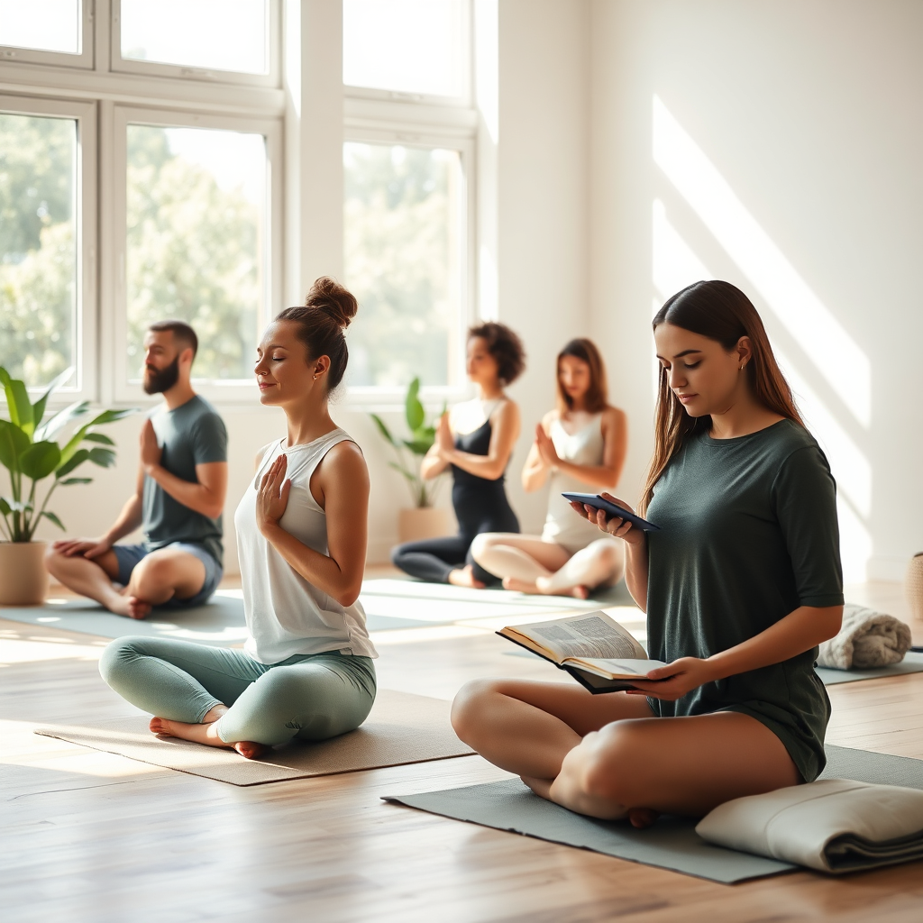 People engaging in mindful wellness activities in a bright studio