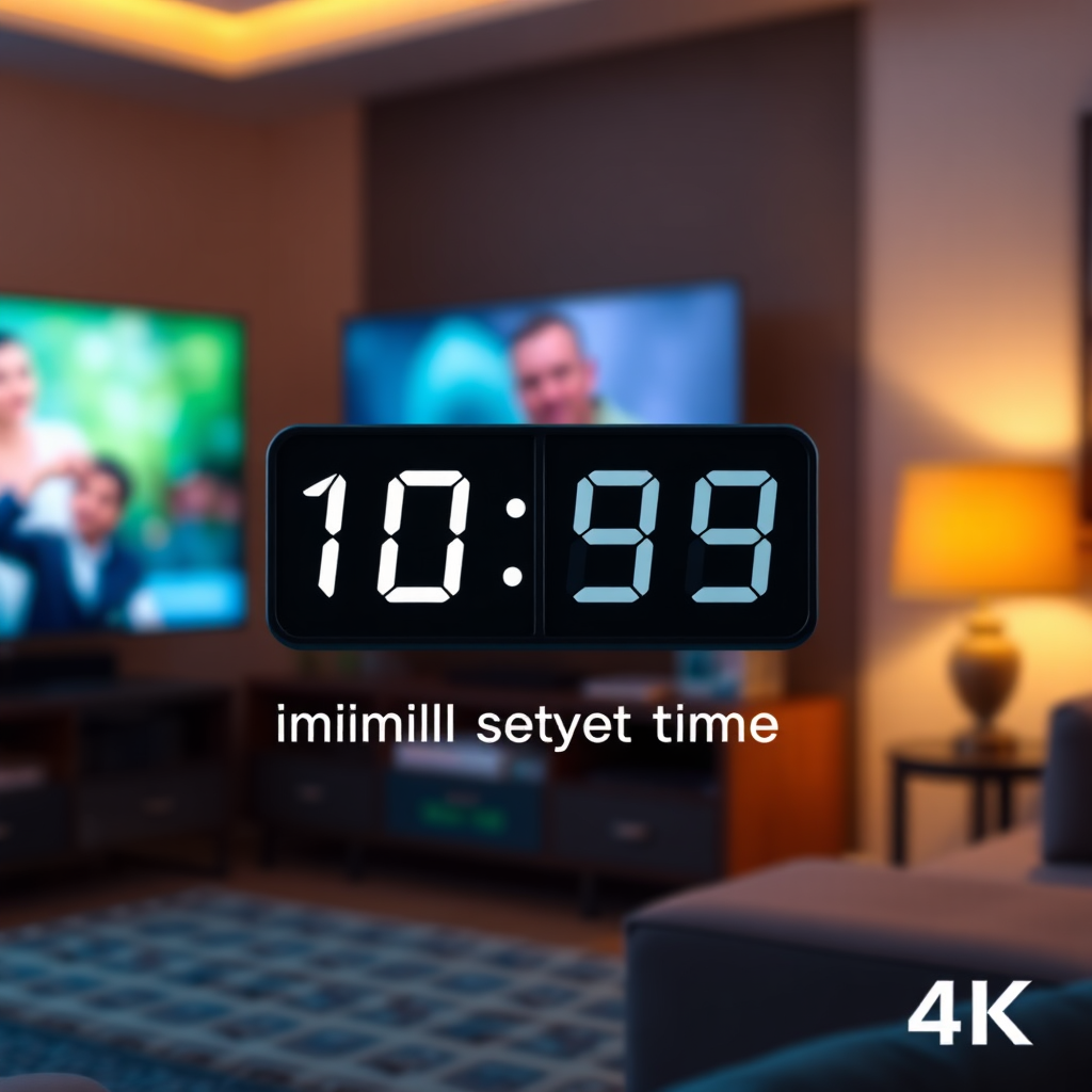 A timer counting down quickly, symbolizing the minimal setup time required. The background shows a blurred image of a guest enjoying TV. The lighting is dynamic and attention-grabbing, and the color palette is vibrant and energetic. Focus on conveying speed and efficiency. 4K resolution.