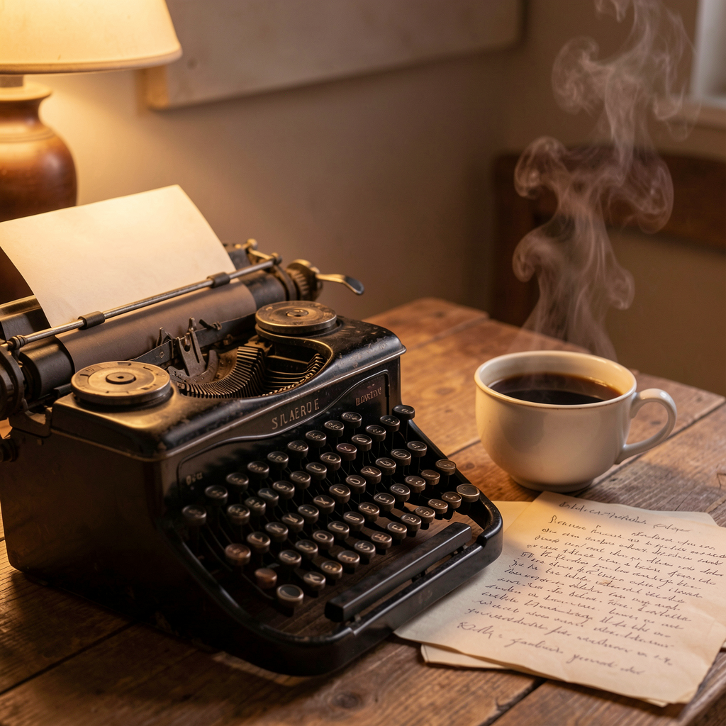 Typewriter on wooden table