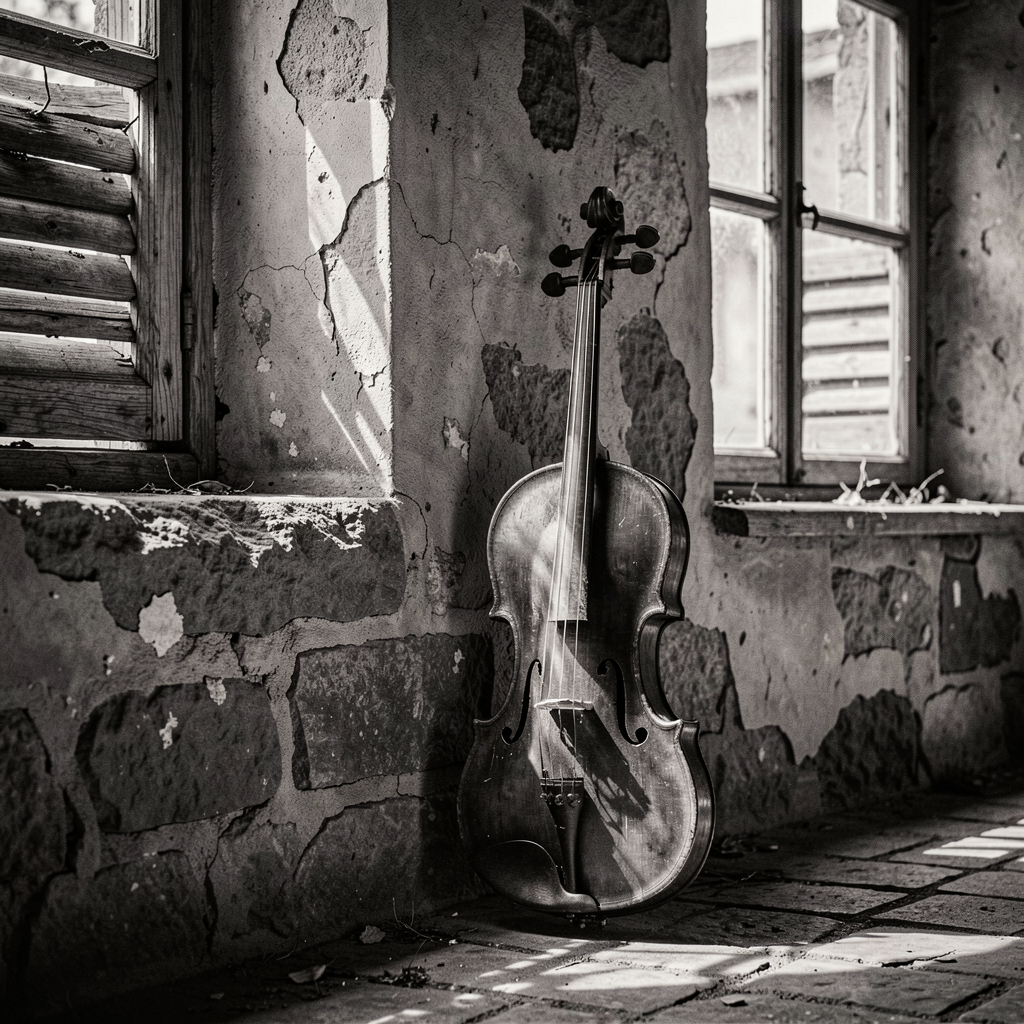 Antique violin resting against historical stone wall