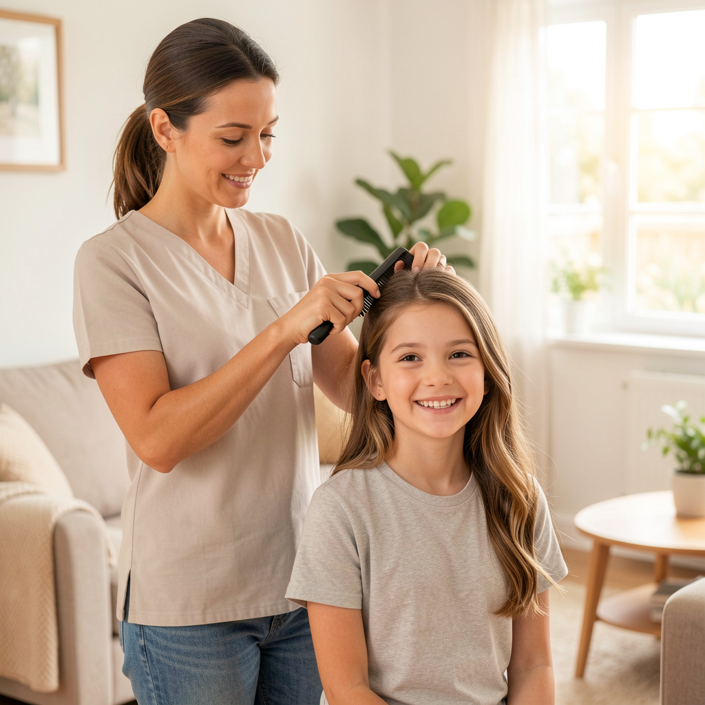 Specialist performing in-home natural head lice treatment