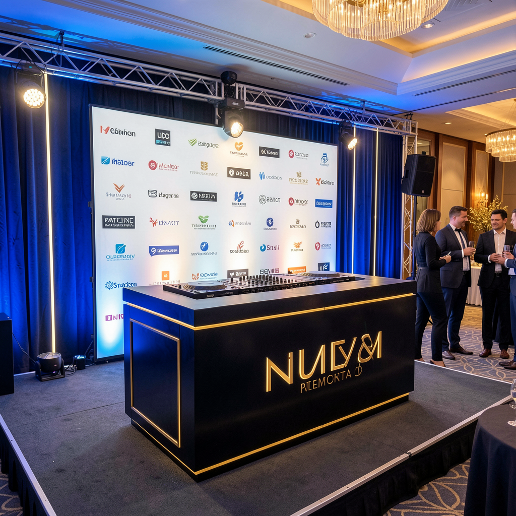 DJ booth and logo wall at a corporate event
