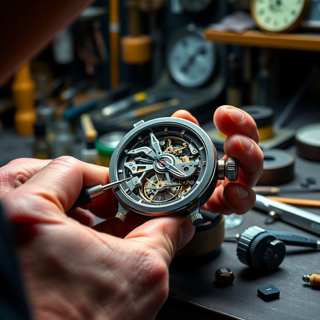 A close-up image of a watchmaker carefully assembling a complex watch movement. The image should emphasize the intricate details, the precision of the tools, and the skilled hands at work. The background should be a workshop filled with watchmaking tools and materials, highlighting the craftsmanship involved in creating a designer watch.