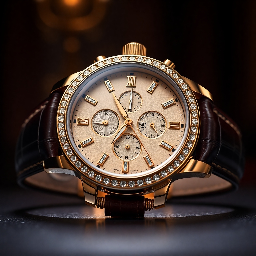 A close-up shot of a designer watch with a focus on the intricate details of the dial, hands, and case, highlighting the use of gold, diamonds, and fine leather straps. The background should be a luxurious, dimly lit setting with soft lighting to emphasize the watch's craftsmanship.