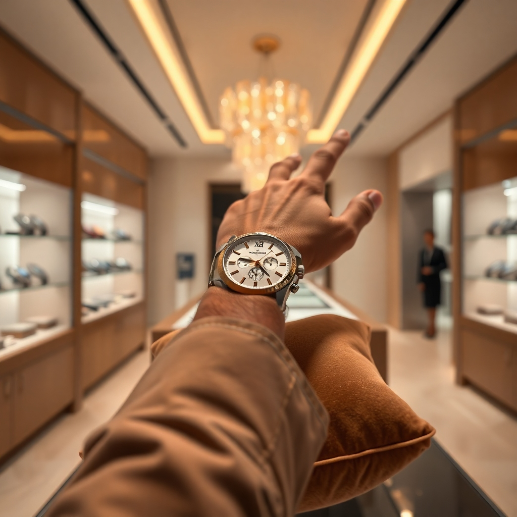 A close-up shot of a hand reaching for a designer watch displayed on a luxurious velvet cushion within a sleek, minimalist watch boutique. The watch should be a classic, elegant timepiece with a silver or gold band, showcasing intricate details like Roman numerals or a diamond-studded bezel. The lighting should be soft and warm, highlighting the watch's shimmering surface. The background should be blurred, emphasizing the watch as the focal point. Capture the image in a high-resolution, hyperrealistic style, emphasizing the textures of the watch, the velvet cushion, and the boutique's surroundings. Render the image in a warm, inviting color palette, conveying a sense of luxury and sophistication.