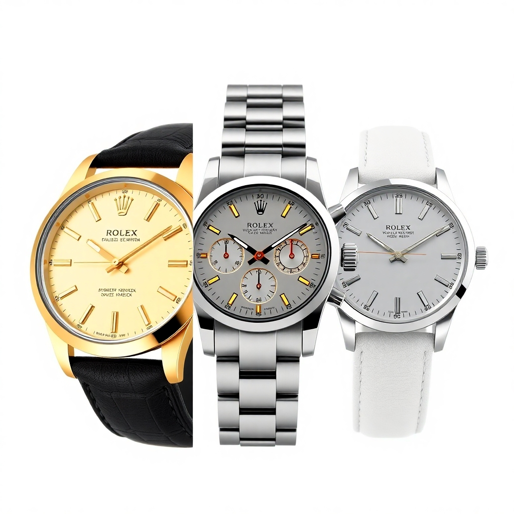 A collage of three different designer watches. The first watch is a classic gold Rolex with a black leather strap, the second is a sporty chronograph with a stainless steel bracelet, and the third is a minimalist silver watch with a white leather strap. The background should be a light, neutral color.