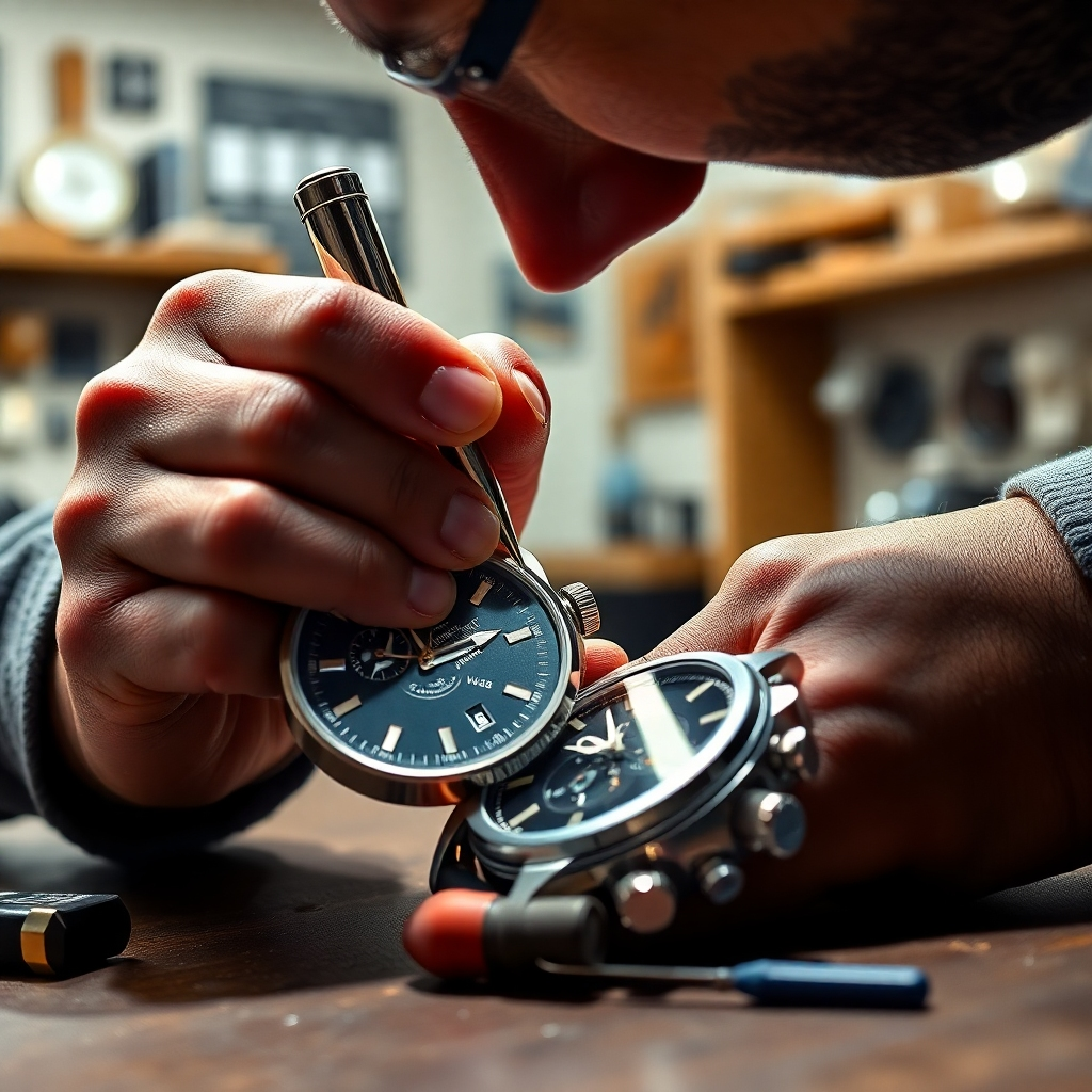 A detailed, 8K resolution image depicting a skilled watchmaker meticulously engraving a personalized message onto a designer watch. The watch should be a sophisticated chronograph with a leather strap and a silver or gold case. The lighting should be bright and focused, illuminating the intricate details of the watch and the watchmaker's tools. Capture the image from a slightly elevated angle, allowing for a clear view of the watchmaker's hands and the engraving process. The background should be a clean, well-lit workshop, showcasing other high-end watchmaking tools and accessories. Emphasize the fine details of the watch's mechanism and the precision of the engraving process, creating a sense of craftsmanship and artistry.