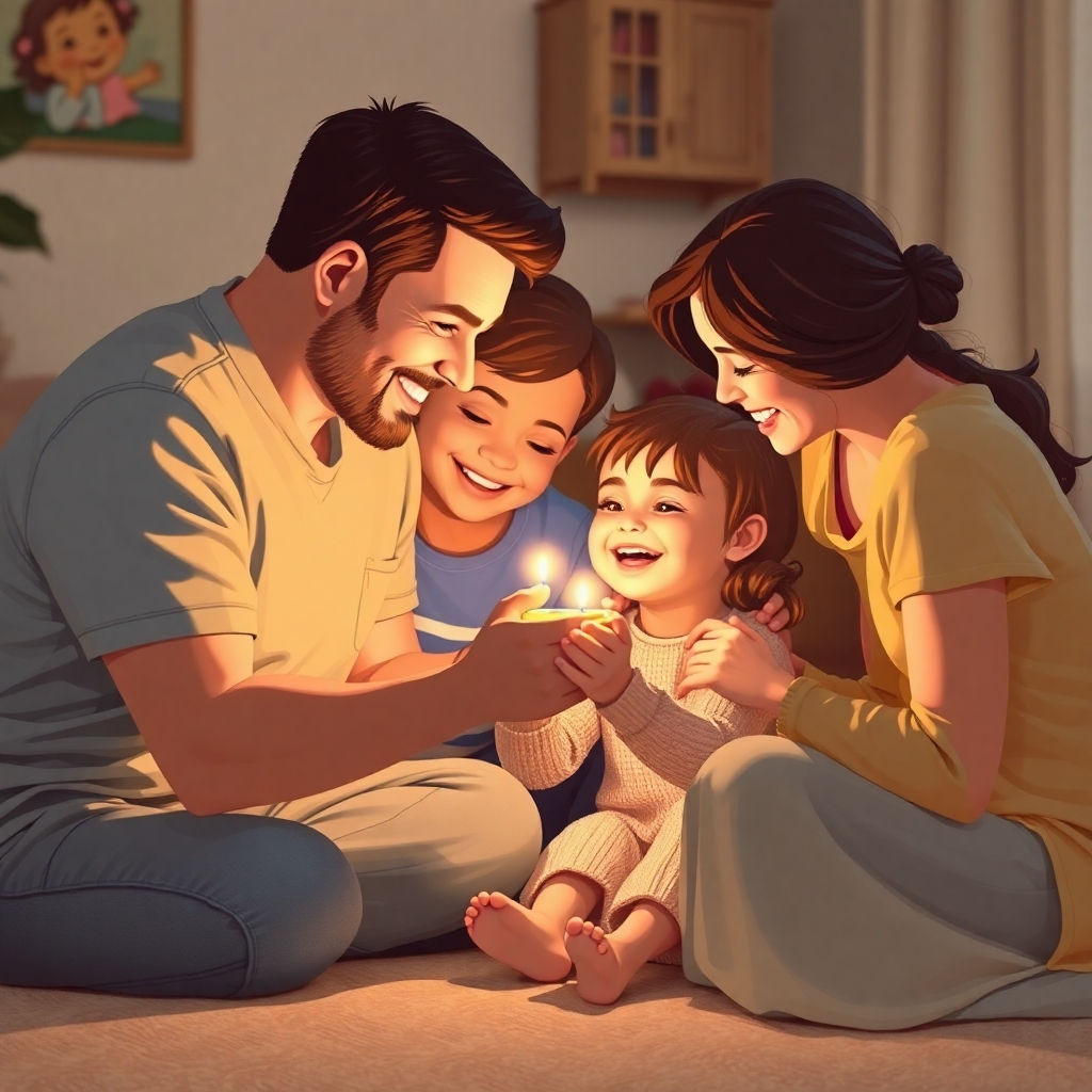 A heartwarming image depicting a family engaging in a positive activity, such as playing together or celebrating an achievement. The scene should be wholesome and uplifting, highlighting the importance of family and community support.  The style should feel very warm and compassionate, possibly with a soft light source and a focus on emotional connection.