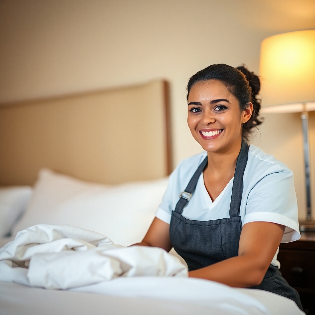  A photorealistic image, focusing on a close-up portrait of a smiling hotel housekeeper making a bed. High-quality lighting and a shallow depth of field should enhance the intimacy and highlight the worker's happy demeanor. The focus is on the human aspect of their work and creating a sense of appreciation for their efforts. The color palette should be warm and calming; the overall style should be reminiscent of the work of Annie Leibovitz and evoke a compassionate narrative.