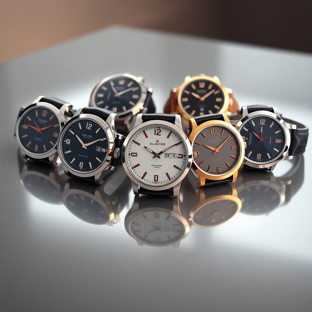 A photorealistic image showcasing a collection of classic designer watches, each with a unique design and distinct character, arranged on a sleek, polished surface. The image should convey a sense of elegance, sophistication, and enduring style, emphasizing the investment potential of these luxury timepieces.