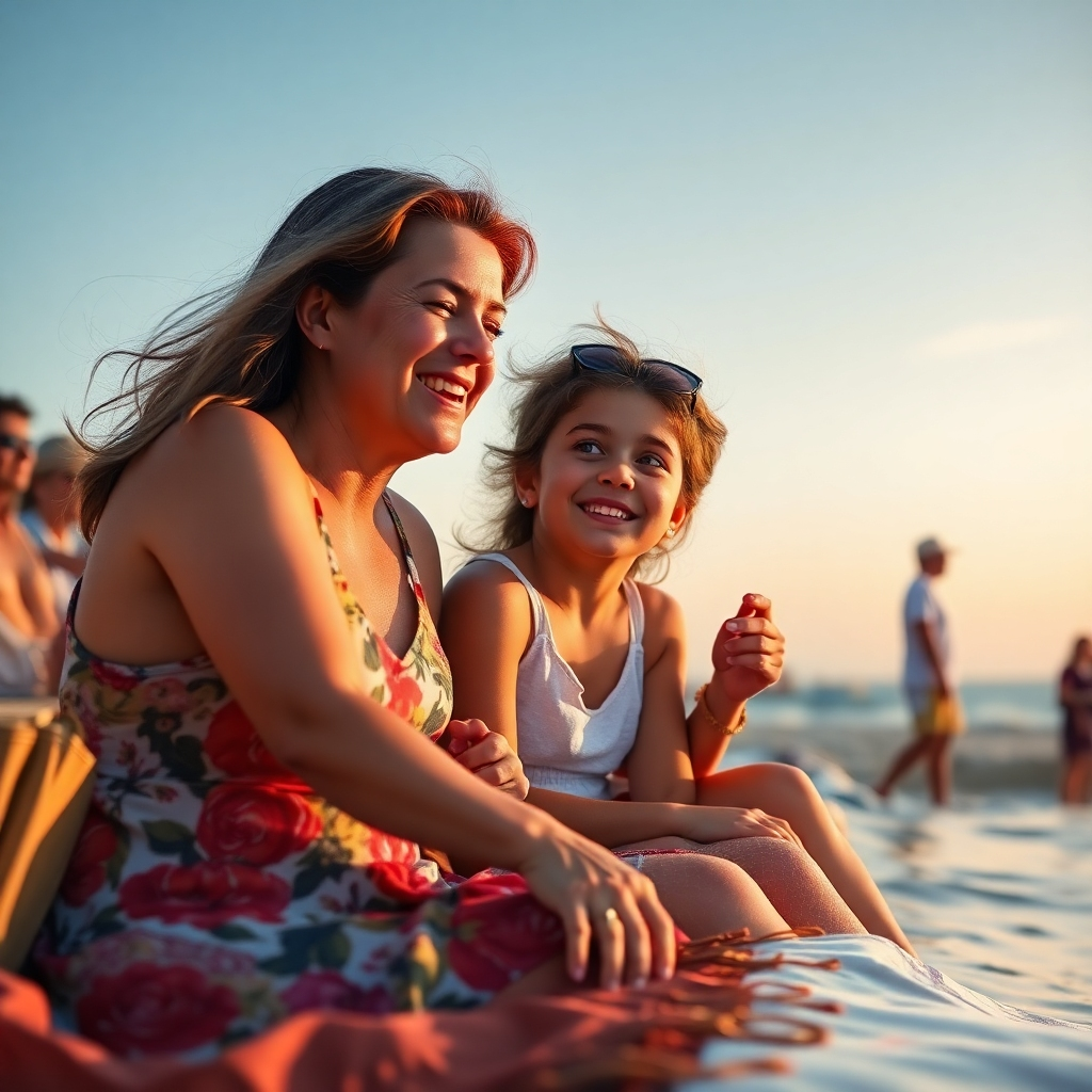 A photorealistic image showcasing a family enjoying a vacation, perhaps at a beach or resort, with subtle hints of the workers who made it possible (e.g., a distant glimpse of hotel staff or a passing tour guide). The lighting should be warm and inviting, and the overall style should be serene and calming.