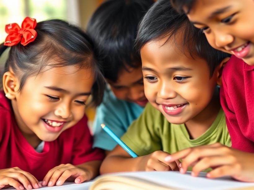 A photorealistic or semi-realistic image of children studying together, focusing on their engagement and positive interaction. The color palette should be optimistic and bright, emphasizing the joy of learning. The style should be similar to the imagery found in UNICEF's educational campaigns.