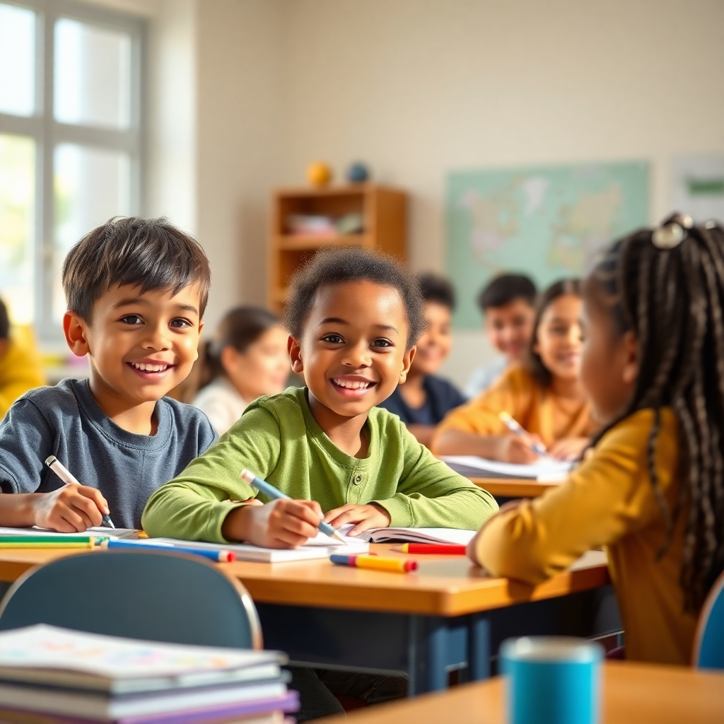 A photorealistic or stylized image depicting children happily studying in a bright classroom or adults attending a skills-based training program. Warm lighting, diverse students, and educational materials should be included. The style should be bright, positive, and hopeful, reflecting the positive impact of education and training.