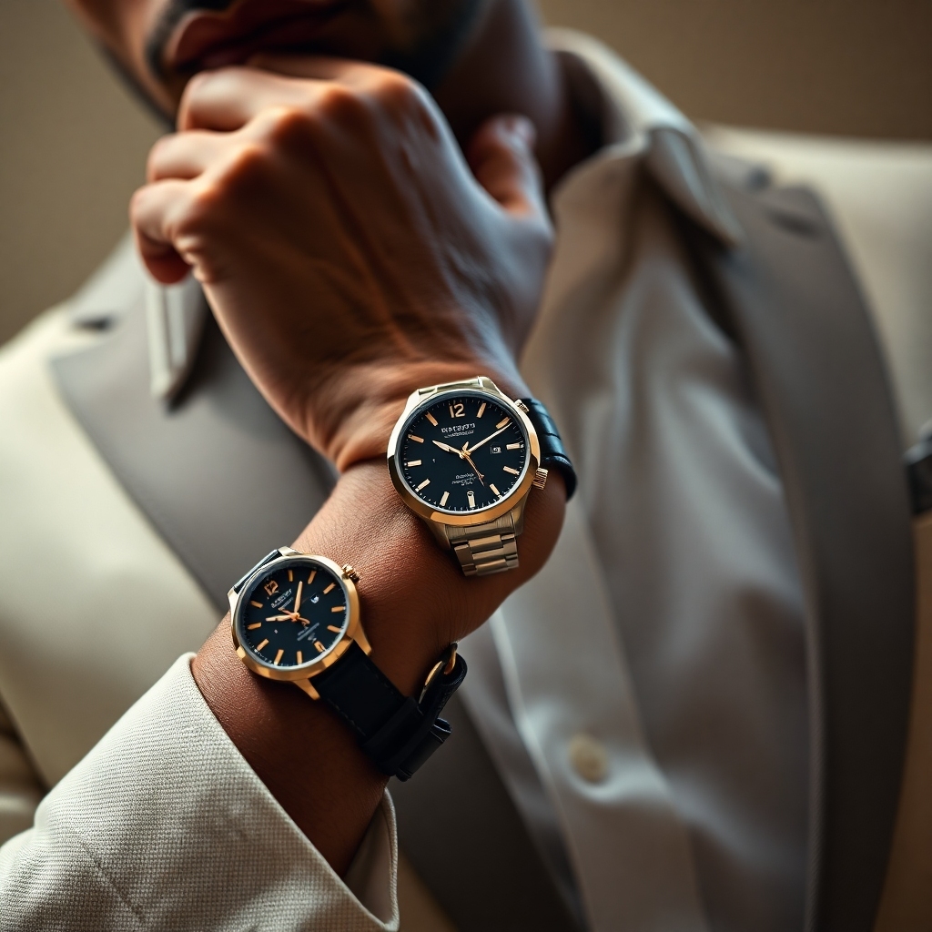 A stylishly dressed individual wearing a designer watch on their wrist, radiating an aura of confidence and sophistication. The image should capture the watch's presence as a symbol of status, reflecting a lifestyle of luxury and refinement.
