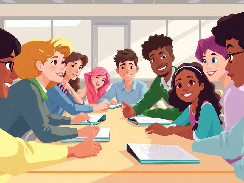 A stylized illustration depicting a group of diverse students studying in a bright, modern classroom. The focus should be on the positive atmosphere of learning. Lighting should be soft and natural, highlighting the sense of community and inclusiveness. The style should be similar to Pixar's vibrant and uplifting style and convey a sense of opportunity and growth.