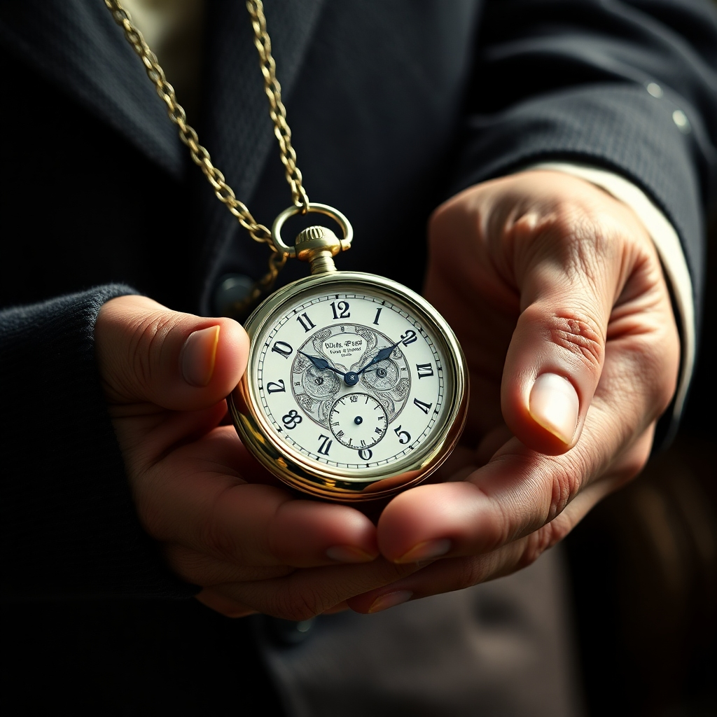 A vintage photograph of a grandfather handing a beautiful silver pocket watch to his grandson. The watch has intricate engravings and a delicate chain. The image depicts the passing of time, heritage, and the enduring value of designer watches.