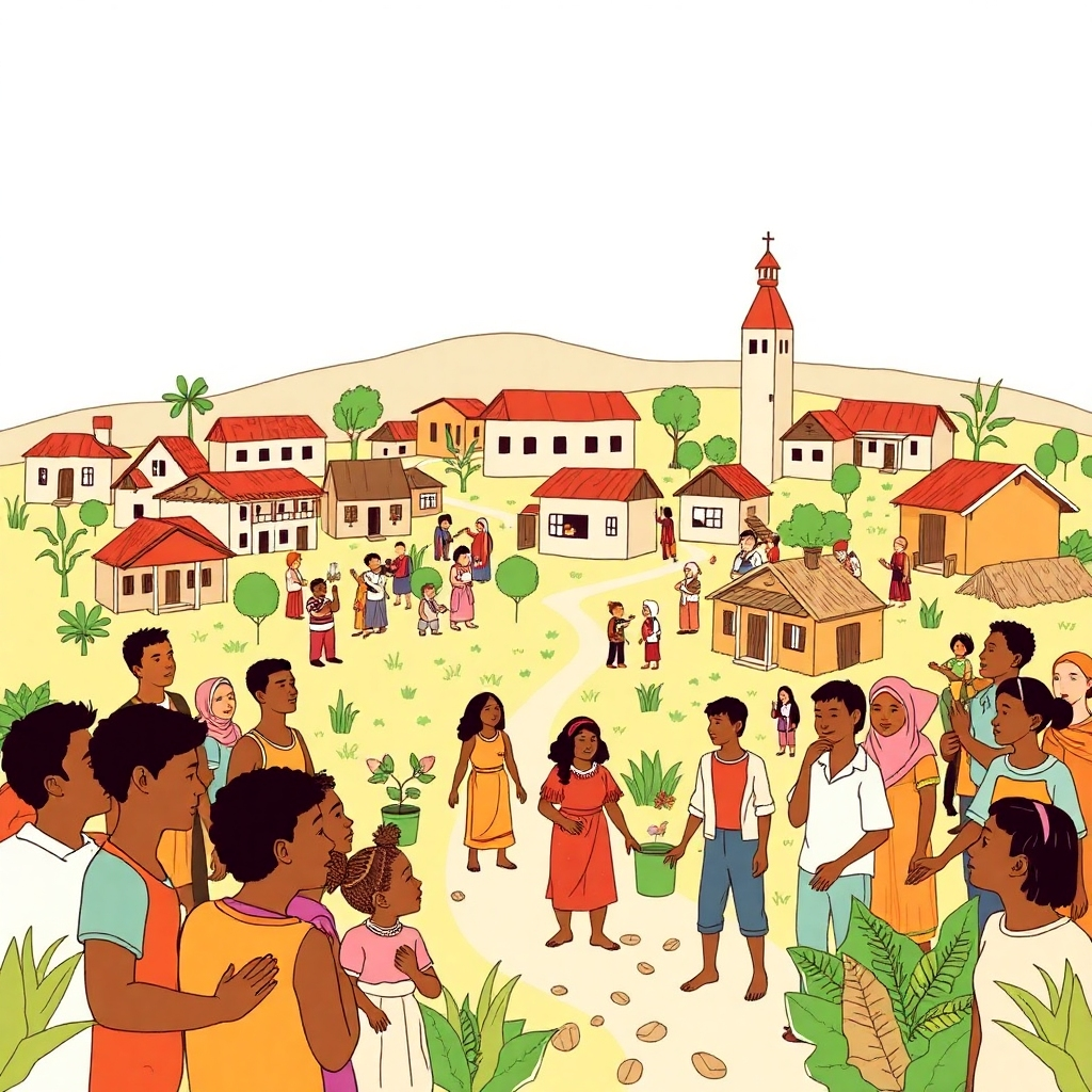 An illustration depicting a thriving community, possibly with a variety of individuals working together and showing visible signs of improvement such as new buildings or infrastructure. Use warm colors, and a positive and inspiring style. This should emphasize the community aspect of the charity's work.