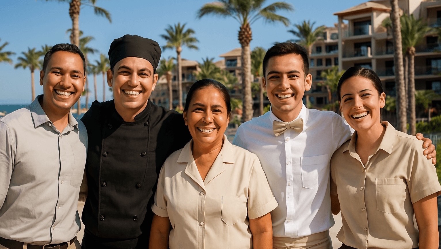 Create a photorealistic, ultra-high quality 8K resolution image. The scene should be a heartwarming portrayal of a diverse group of people collaborating and smiling, possibly in a travel-related setting such as an airport, hotel or resort. Lighting should be soft and natural, emphasizing human connection and positive emotions. The color palette should be vibrant and optimistic, with warm tones predominating. The camera angle should be from a slightly elevated position, capturing a dynamic yet intimate scene. Texture details should be incredibly realistic, showcasing the natural textures of clothing, skin and hair. The environment should be neat, clean, and convey a sense of optimism. There should be subtle props that showcase travel, such as luggage tags, maps, or travel documents. The overall style should evoke feelings of hope and generosity; similar to the style of National Geographic's human interest photography, and slightly influenced by the style of Steve McCurry's humanist photography. The image must convey the essence of the charity's mission: supporting unseen individuals that make vacations wonderful, providing education and helping their families.