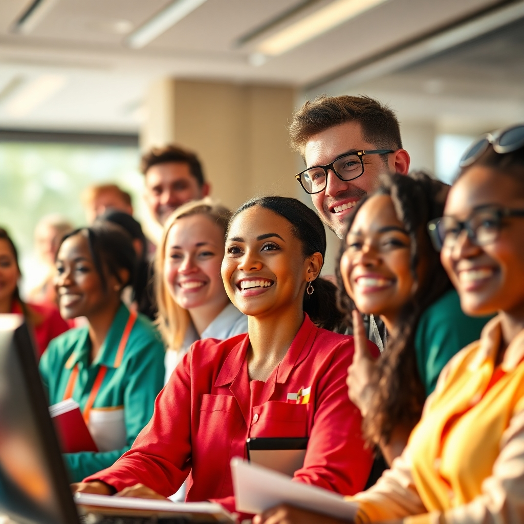 Generate a 4K resolution image, either photorealistic or stylized, depicting a diverse group of people, perhaps hotel staff, tour guides, or other unseen hospitality workers, engaged in their work with joyful expressions. The composition should balance individual portraits with broader scenes of collaboration. Lighting should be warm and inviting, creating a positive and optimistic mood. The color palette should focus on uplifting colors, conveying the feeling of joy and accomplishment. The camera angle should be slightly low, showing respect for the workers, offering a positive and hopeful image. The image should emphasize the importance of education and skill development by including elements such as books, computers or training materials.  The style should aim for a natural, documentary style, without being overly polished or artificial.
