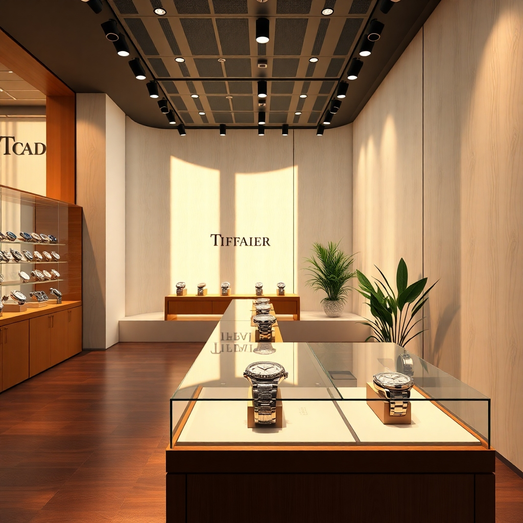 Generate a photorealistic, 8K resolution image of a sleek, modern watch store interior. The scene should be bathed in warm, natural light streaming through large windows. Focus on a display case showcasing a collection of high-end designer watches, each with intricate details and unique designs. The case should be illuminated with spotlights, highlighting the polished metal and sparkling gemstones. The background should be a minimalist white wall with a subtle wood grain texture, adding a touch of sophistication. Include a few strategically placed plants for a touch of life and color. The camera angle should be slightly elevated, showcasing the entire store's ambiance with a focus on the watch display. The overall mood should be luxurious, inviting, and aspirational, reflecting the brand's commitment to quality and craftsmanship. Style references: Tiffany & Co. flagship store, Cartier boutique. Focus on sharp, crisp details and realistic textures. , ultra high resolution, photorealistic, 8K, hyperdetailed, cinematic lighting