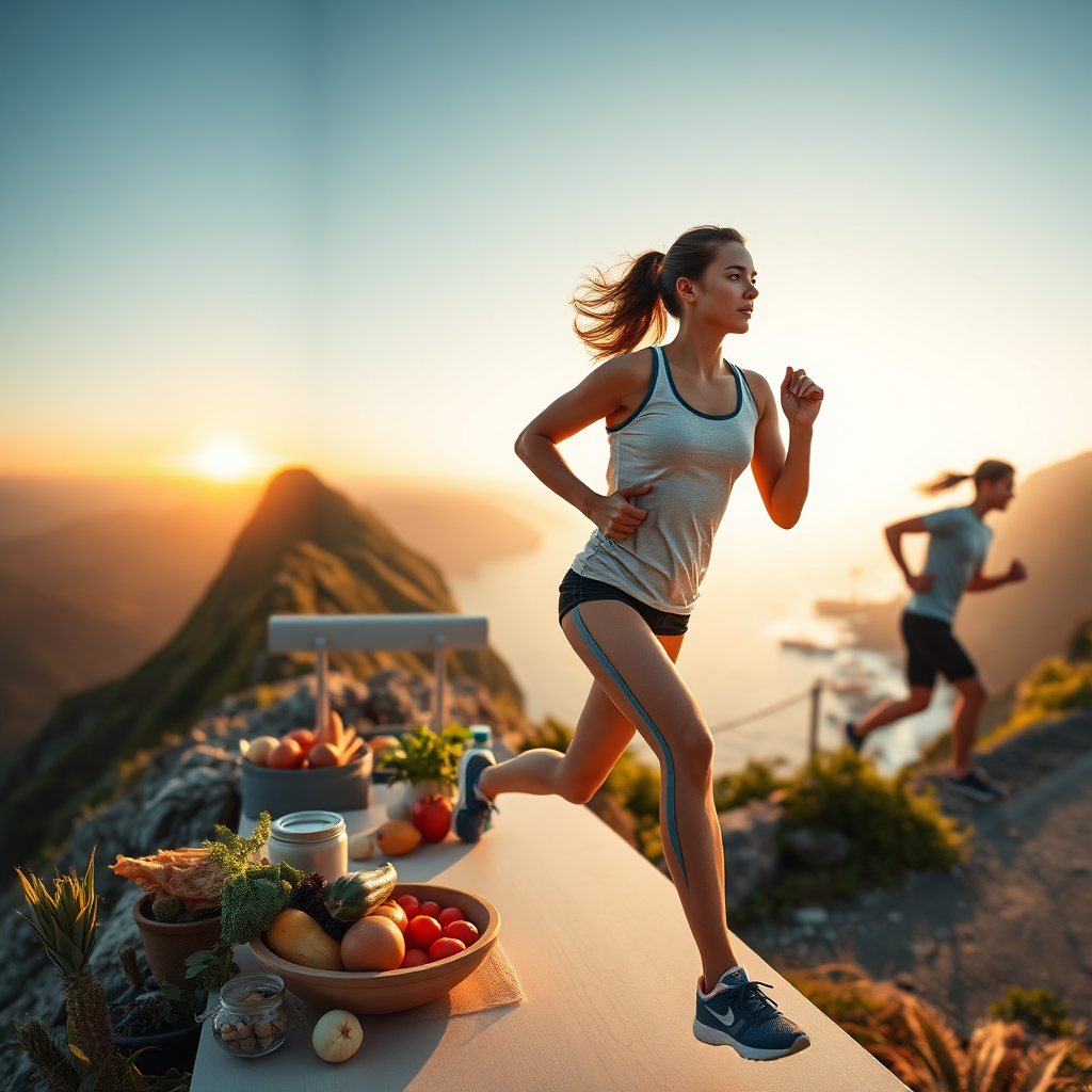 A breathtaking hero image for EHO Marketing. The scene depicts a diverse group of individuals engaged in various health and fitness activities: yoga at sunrise on a mountaintop, healthy meal preparation in a modern kitchen, and a person jogging along a scenic coastal path. The overall composition is balanced, with a soft, golden light illuminating the subjects. The color palette is vibrant and natural, incorporating greens, blues, and warm earth tones. The camera angle is a wide shot, capturing the expansive landscapes and the energy of the individuals. Textures are finely detailed, from the sweat on a runner's brow to the vibrant colors of fresh produce. Style references include stock photos from Unsplash, focusing on natural light and authentic moments. Technical specs: 8K resolution, hyperrealistic rendering with depth of field, capturing the essence of health, fitness, and dietary wellbeing.