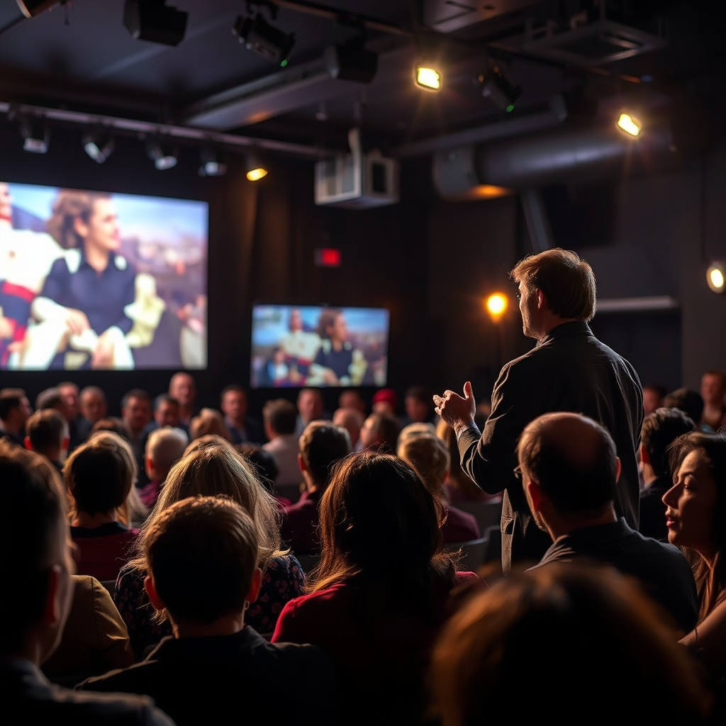 A captivating image of a storyteller presenting in front of a captivated audience, showcasing emotional engagement. The lighting is dramatic with spotlights focusing on the storyteller, creating a powerful atmosphere. The composition includes a backdrop of a large screen displaying visuals enhancing the narrative. The setting is intimate, allowing a deep connection between the speaker and the audience, enriched with varied textures from the venue's decor.
