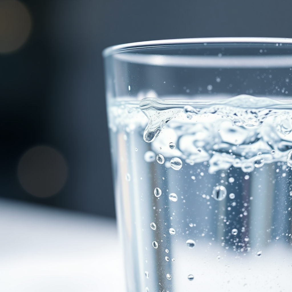 A close-up shot of a glass of water with condensation droplets on the outside. The background is blurred, creating a bokeh effect. The lighting is bright and refreshing. Style: Clean, crisp. Technical Specs: 4K Resolution, Photorealistic.