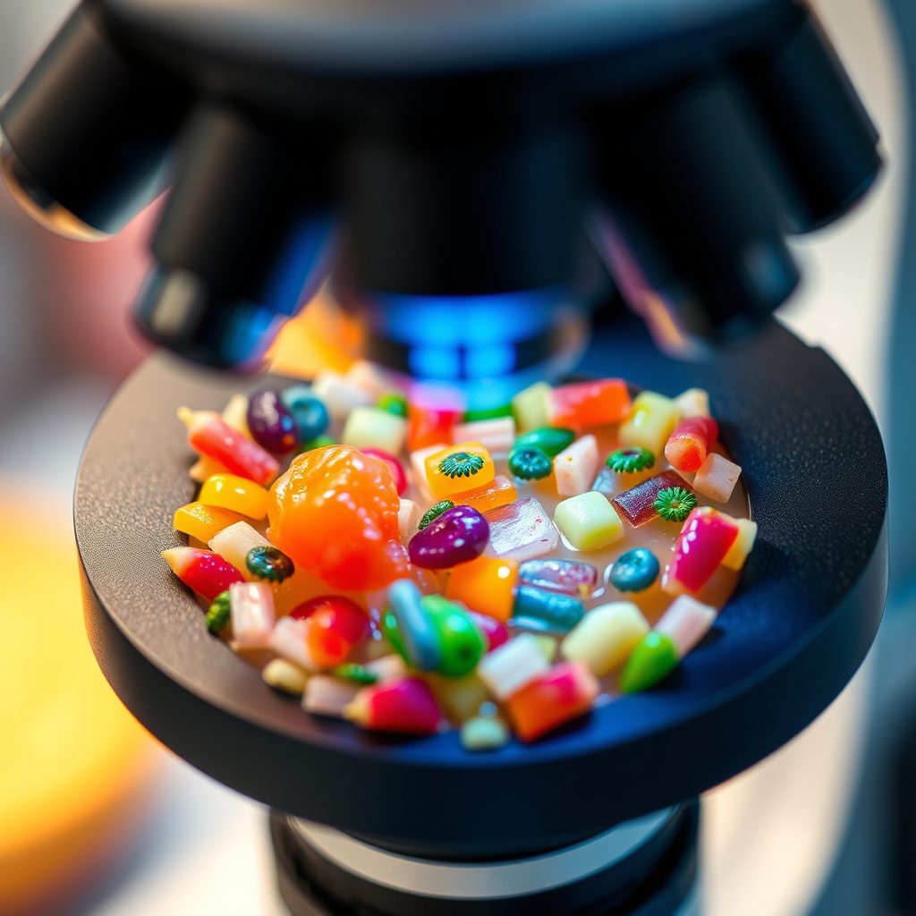 A close-up shot of a microscope focused on a healthy food sample. Emphasize the scientific aspect with detailed cell structures and vibrant colors representing nutrients. Style: Scientific, informative. Technical Specs: 4K Resolution, Microscopic realism.