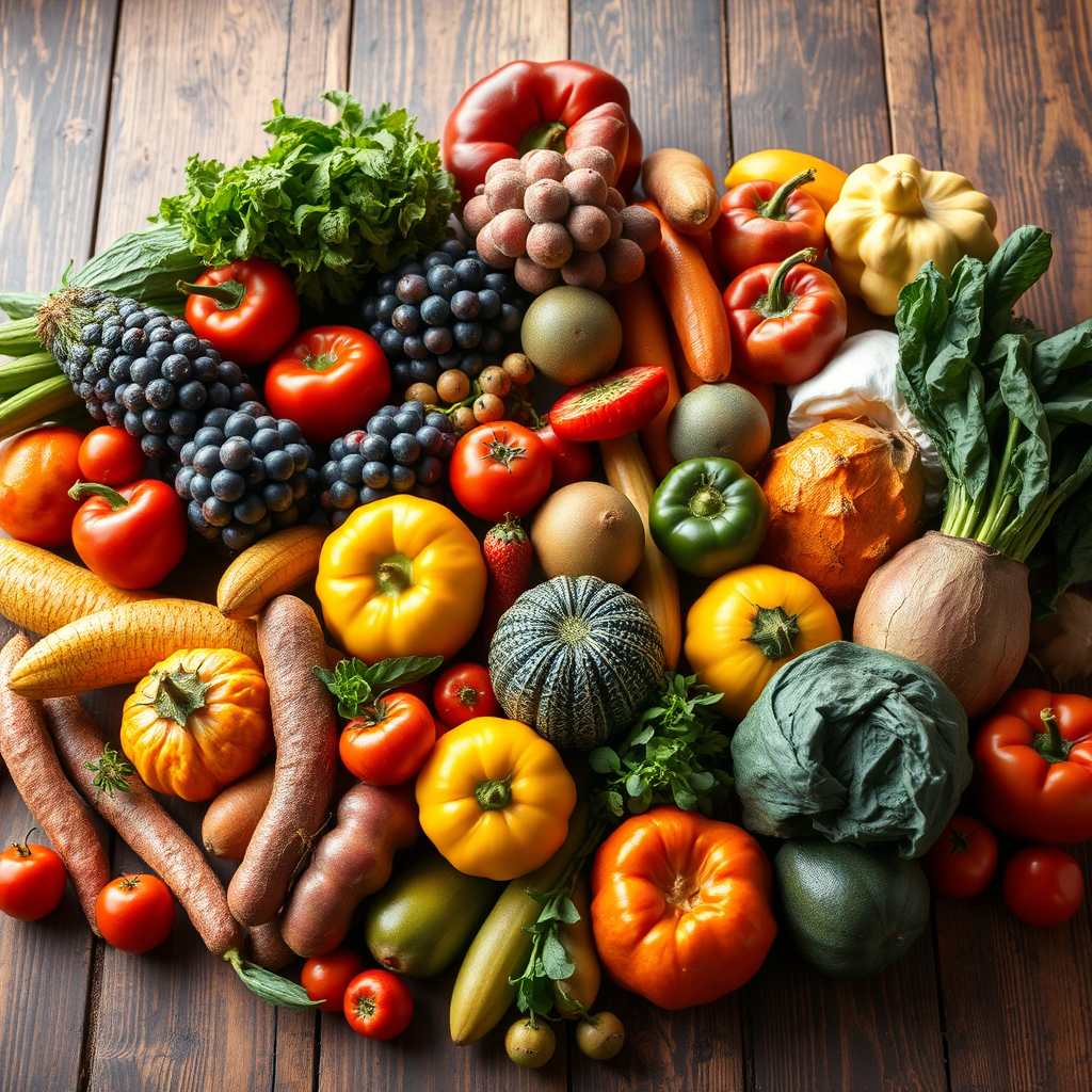 A colorful array of fresh fruits and vegetables arranged on a rustic wooden table. The composition is abundant and inviting. Focus on highlighting the vibrant colors and textures of the produce. Lighting: Natural, warm. Style: Rustic, appetizing. Technical Specs: 4K Resolution, Photorealistic.