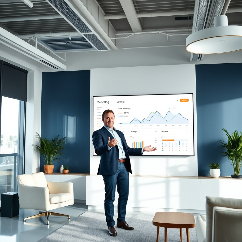 Executive marketing dashboard displayed in a premium corporate setting