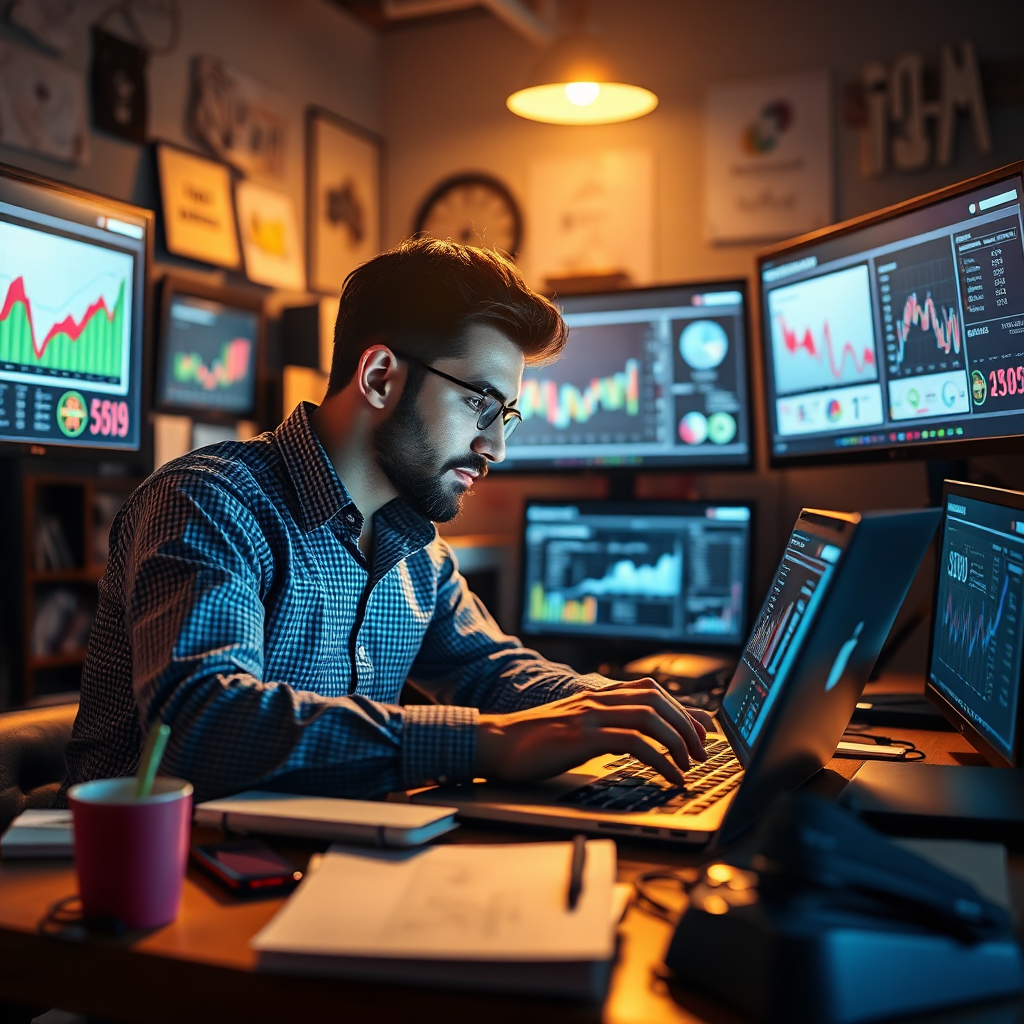 A dynamic marketer analyzing campaign metrics on a laptop amidst digital marketing tools. The warm lighting creates a collaborative space filled with colorful graphics and analytical data on the screens. The camera angle focuses on the analyst's deep concentration and engagement with the data. Textures from surrounding marketing paraphernalia enrich the overall visual impact.