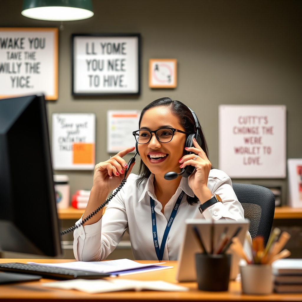 A friendly customer service representative engaged in a phone call, depicting a positive interaction with a client. The setting is vibrant, featuring motivational quotes and a well-organized workspace. The lighting is inviting, emphasizing a cheerful disposition. The image captures the representative's empathetic facial expressions, conveying professionalism and warmth, and textures of office materials and decor create a relatable environment.