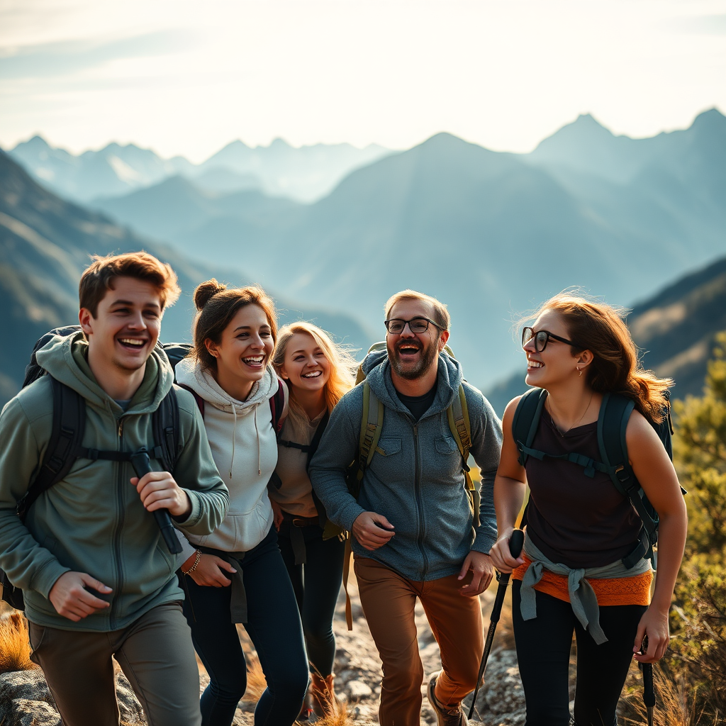 A group of friends hiking in a scenic mountain range. They are laughing and enjoying the outdoors. The lighting is natural and vibrant. Focus on the sense of community and enjoyment. Style: Active, social. Technical Specs: 4K Resolution, Photorealistic.