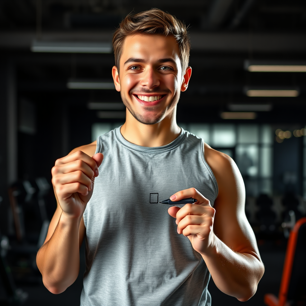 A person marking off a goal on a checklist after completing a workout. They are smiling and appear motivated. The environment is a modern, well-lit gym. Focus on the sense of accomplishment. Style: Energetic, motivational. Technical Specs: 4K Resolution, Photorealistic.